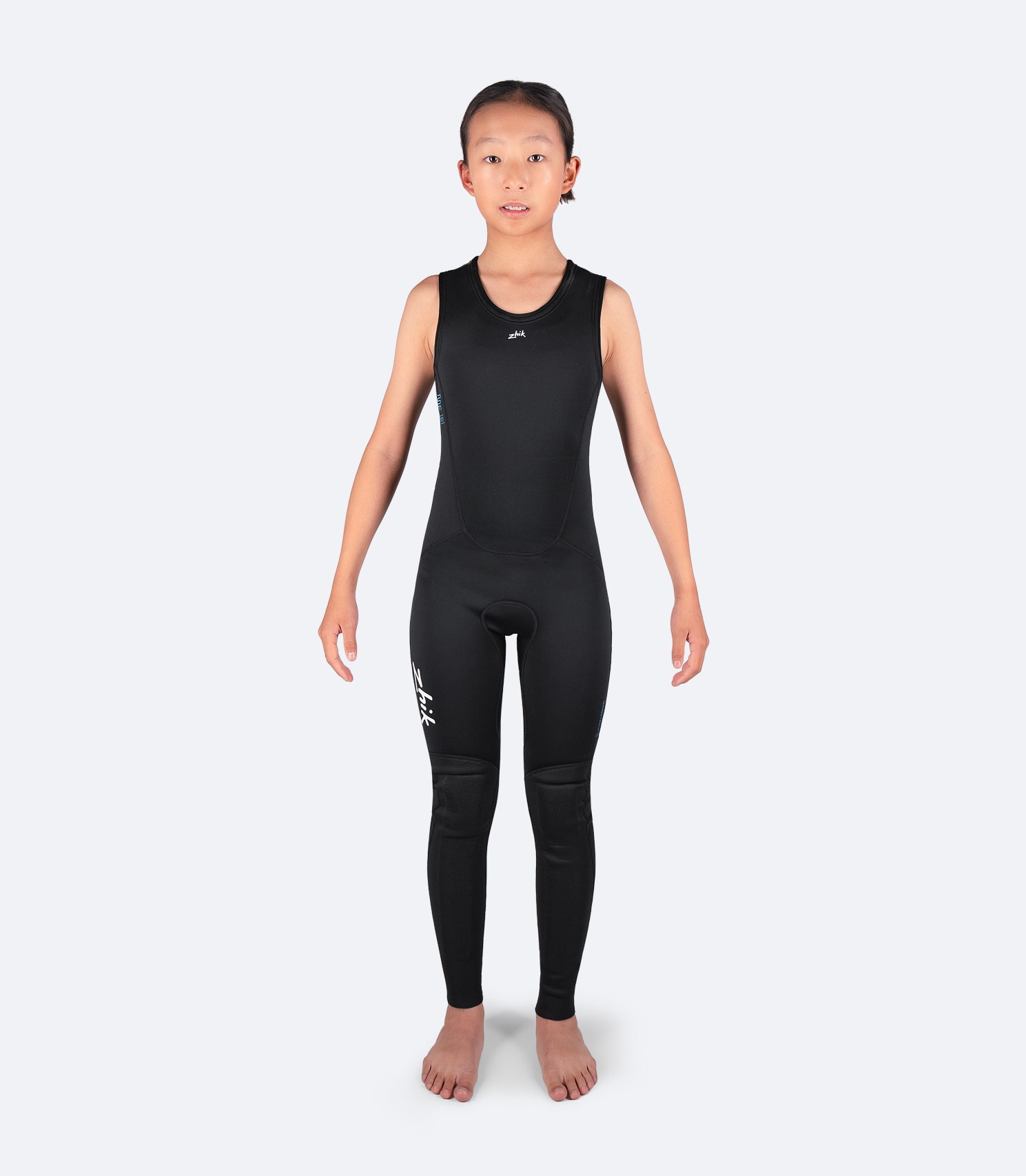 front view of Zhik Youth Microfleece Skiff Suit showing 4-way stretch material and quick-dry internal fleece lining for enhanced comfort