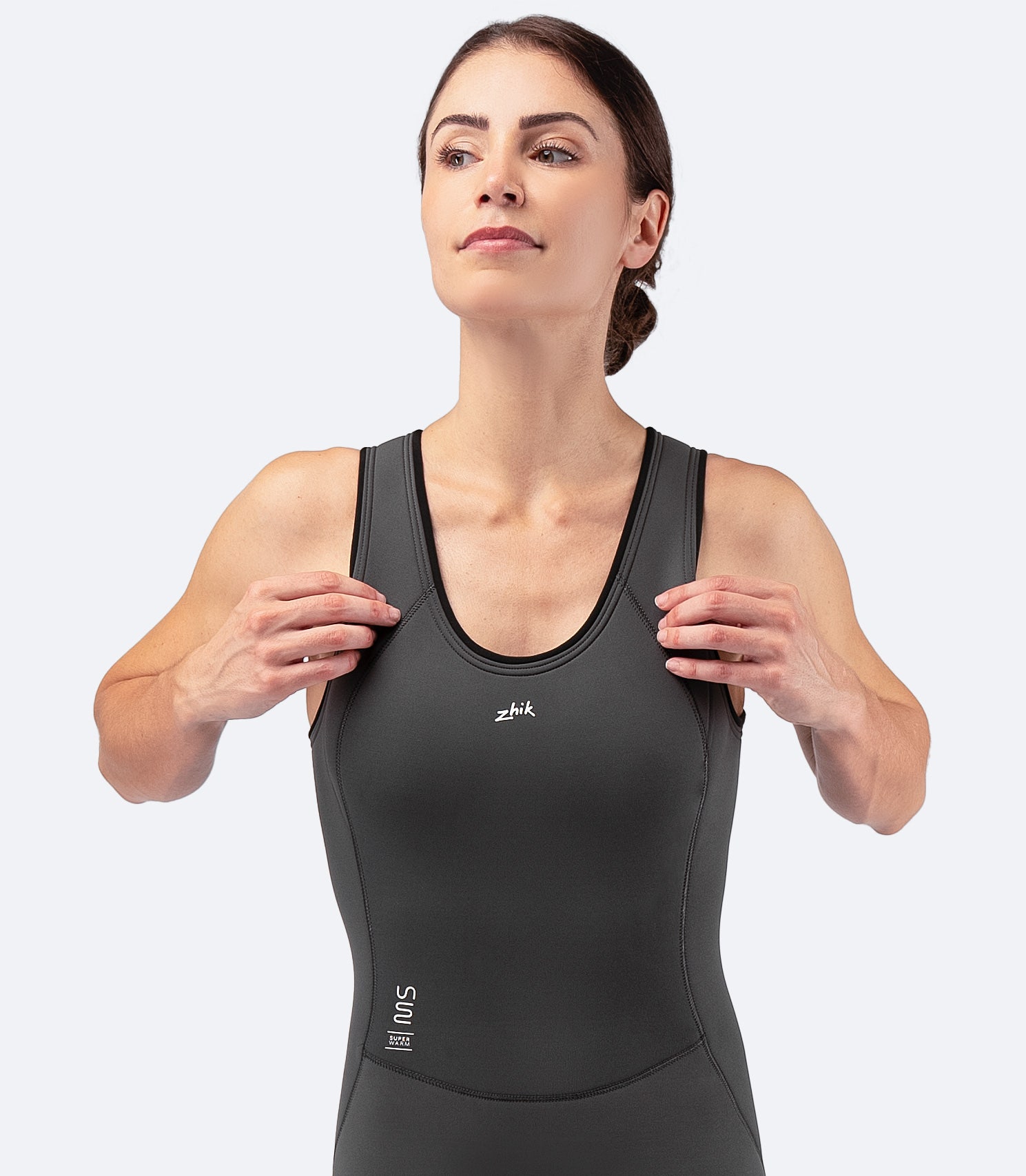Front view of Zhik Women's Superwarm Skiff Suit (waist up), showing ergonomic fit, high-stretch neoprene