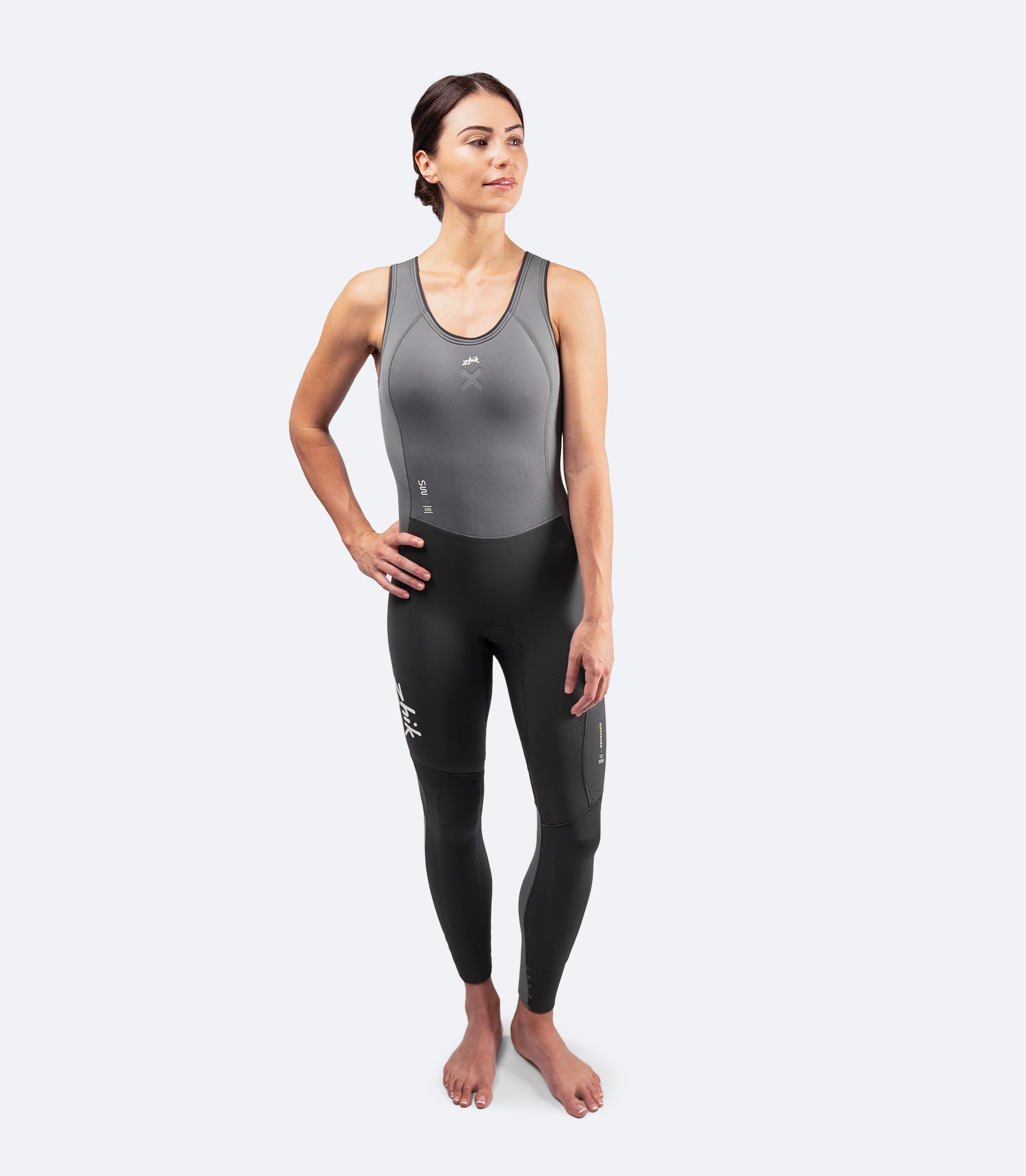 Zhik Women's SuperwarmX Skiff Suit in grey, designed for cold-water sailing with thermal insulation and flexible stretch panels