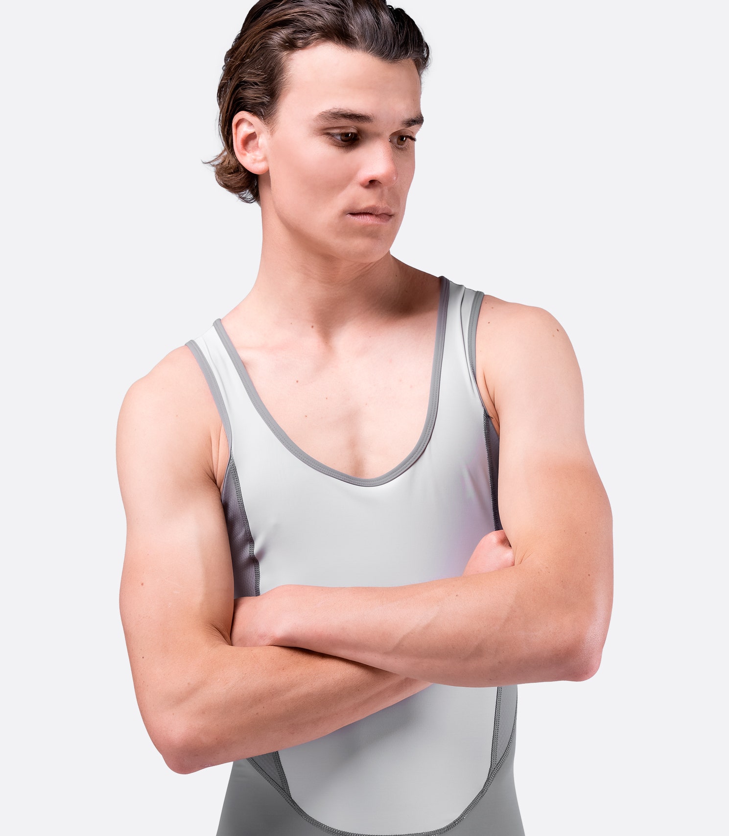 Front waist-to-head view of grey Zhik Hybrid Skiff Suit, highlighting 4-way stretch spandex, breathable mesh panels, and a performance fit.