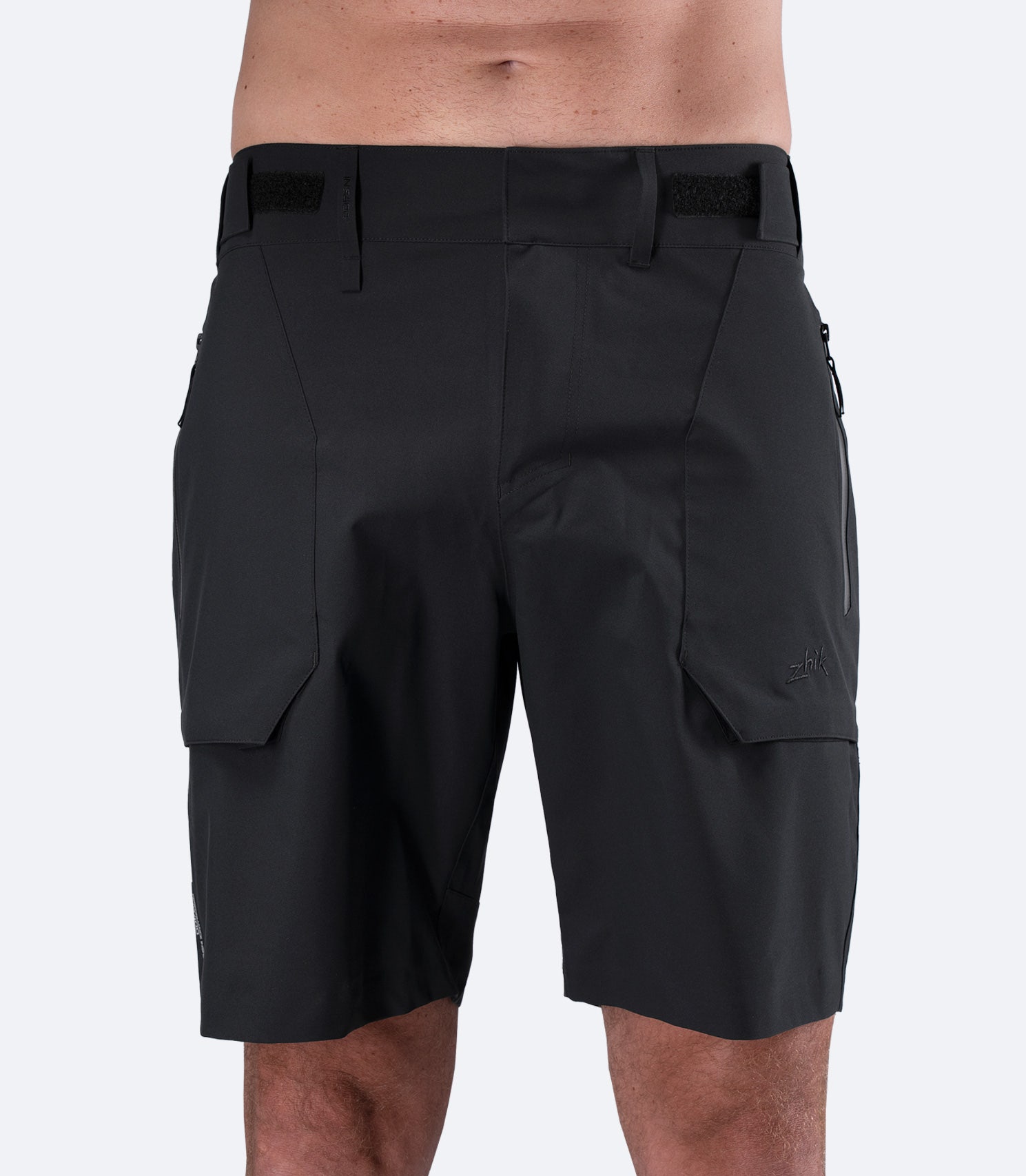 Front view of Zhik Men's INS400 Black inshore shorts, waterproof breathable 3 layer fabric for active inshore racing