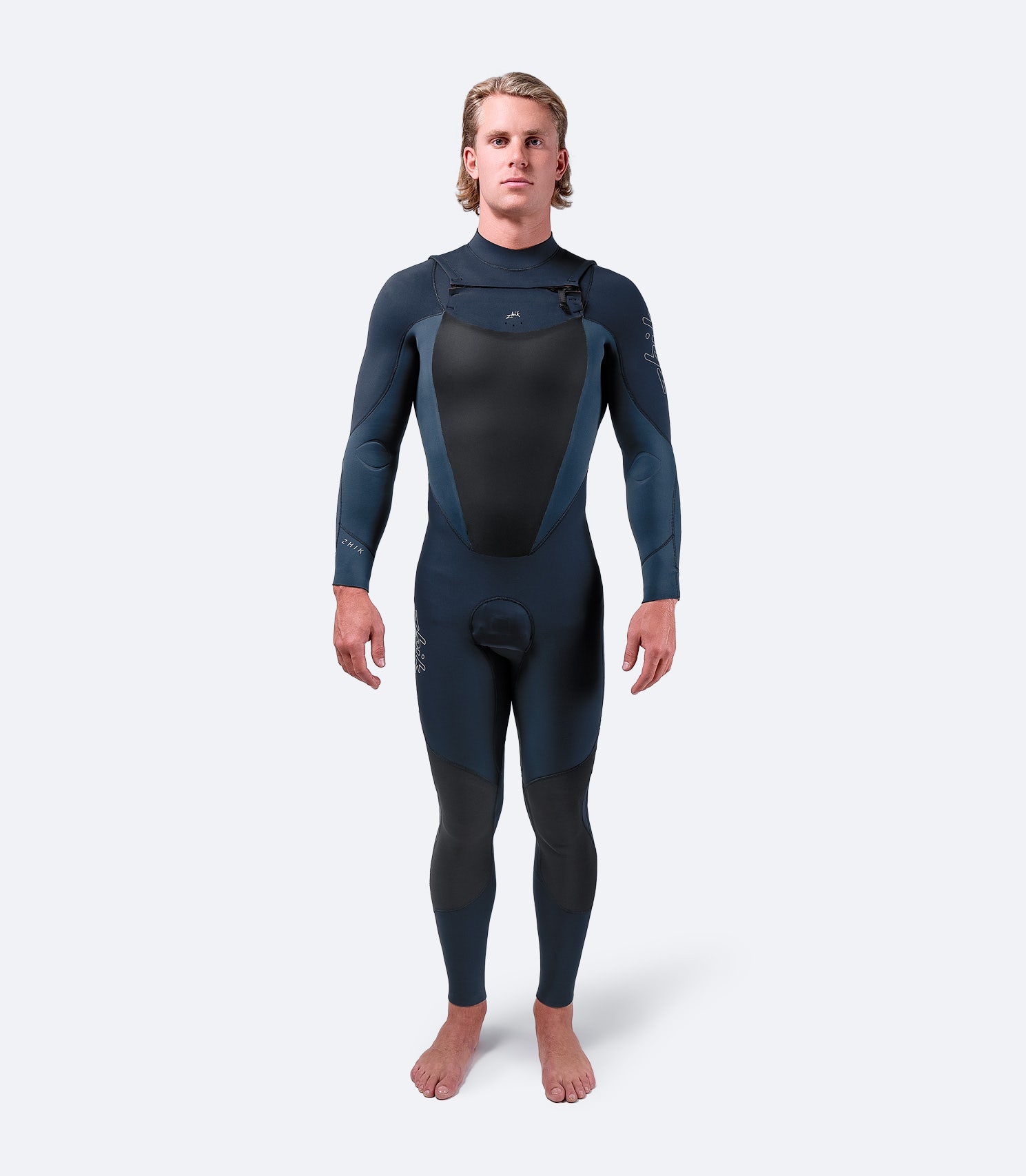 Traje de neopreno Zhik Viento 3/2 mm para hombre en azul: diseño de neopreno ajustado con paneles que repelen el agua y cuello con doble sellado.
