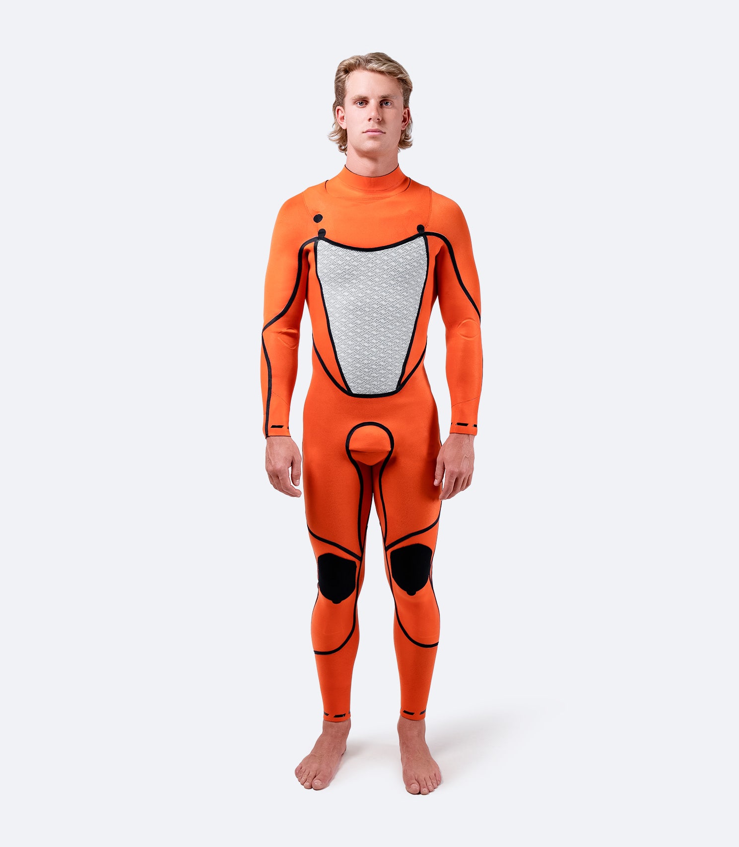 Vista frontal del interior del traje de neopreno Viento 3/2 mm para hombre en azul, que revela el forro polar térmico y las costuras de triple encolado.