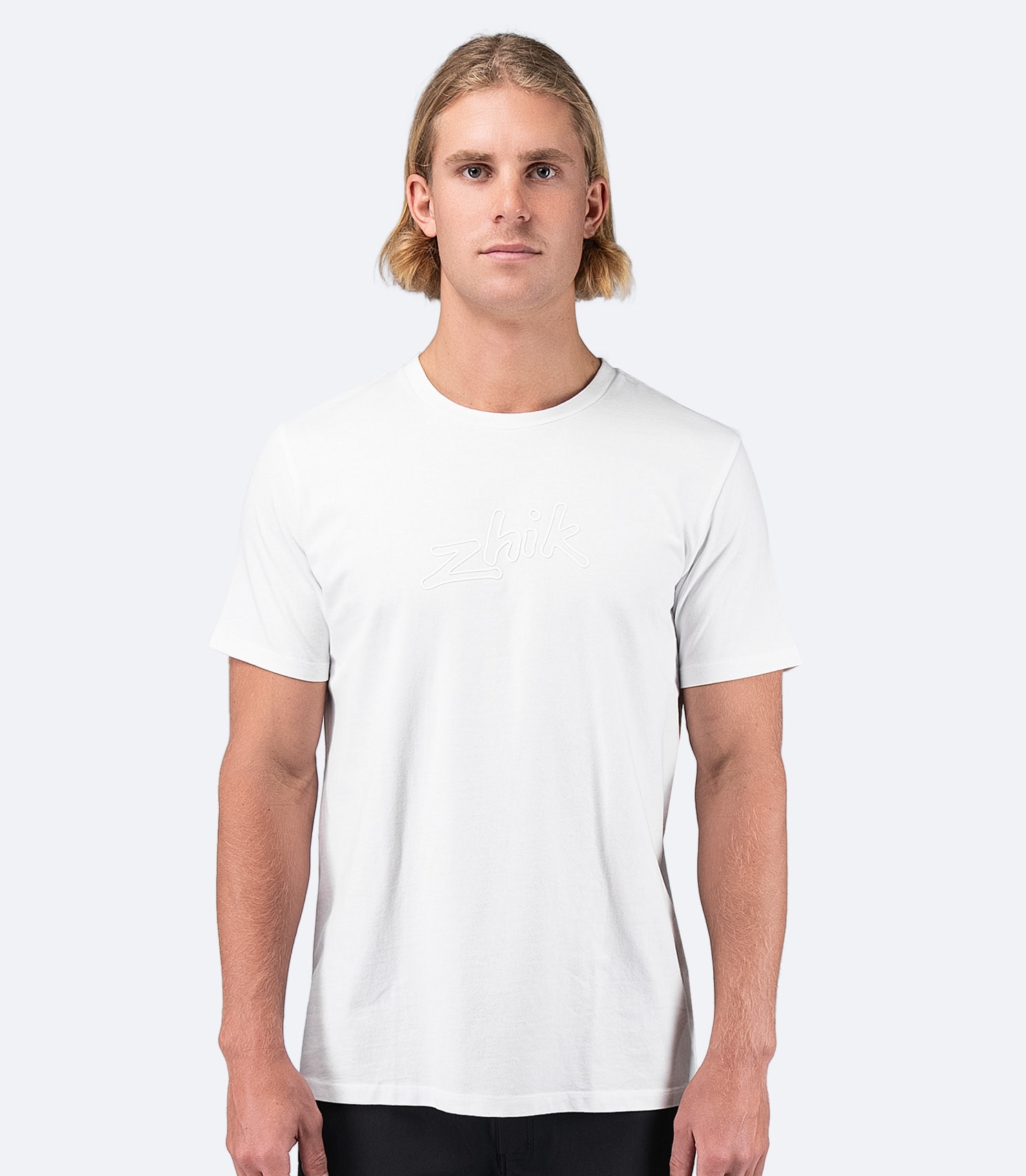 Zhik Men's Logo Cotton T-Shirt in white with a crew neck collar, relaxed fit, and 3D cast logo