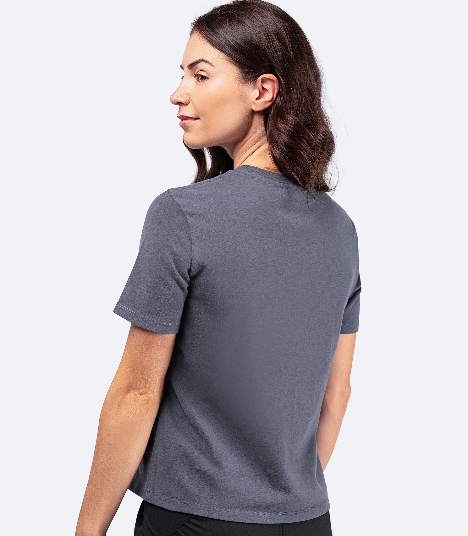 Back view of Women's Zhik Logo Cotton T-Shirt in navy, showing boxy silhouette and lightweight cotton for comfort on and off the water