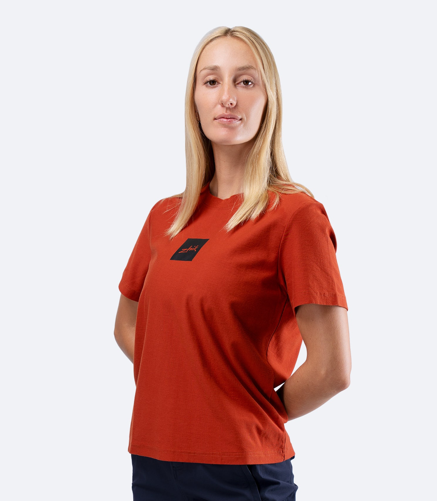 Zhik Womens Carbon T-Shirt in Red Earth, front product view showing crew neck and natural regular fit