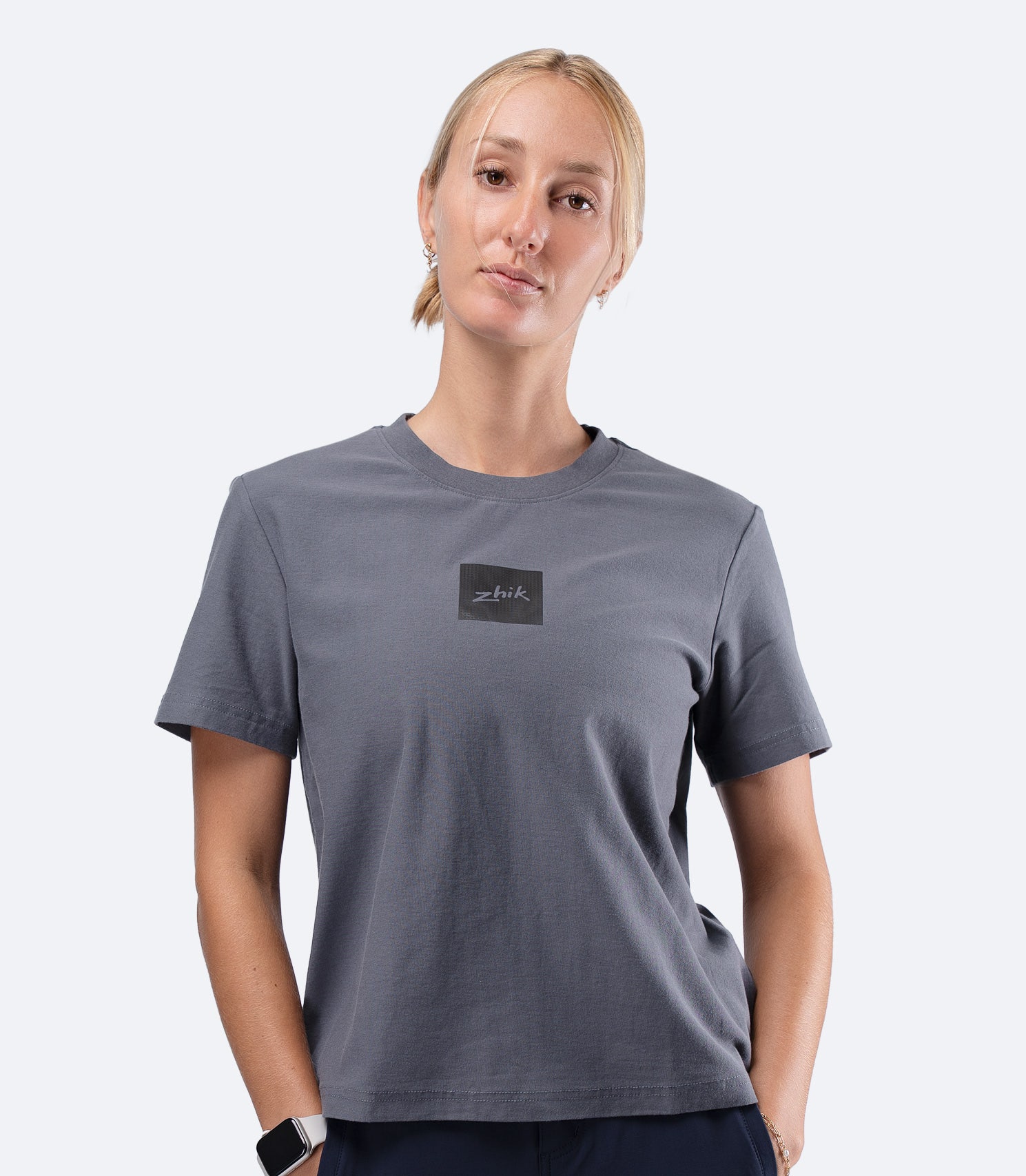 Zhik Womens Carbon T-Shirt in Slate, front product view showing crew neck and natural regular fit