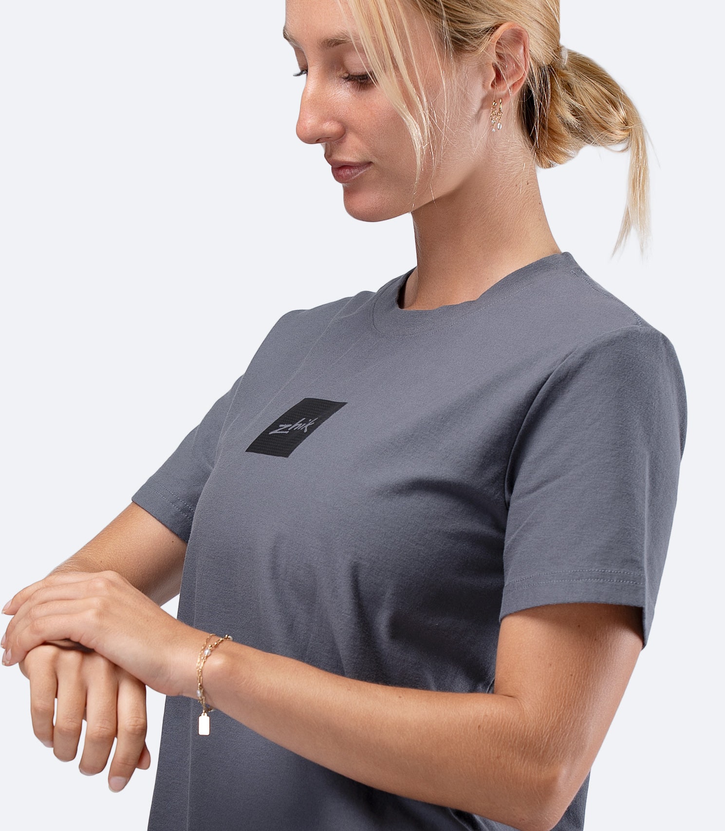 Zhik Womens Carbon T-Shirt in Slate, side product view highlighting sleeve length and relaxed profile