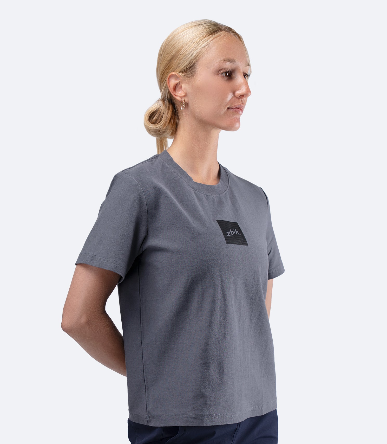 Zhik Womens Carbon T-Shirt in Slate, side product view highlighting sleeve length and relaxed profile
