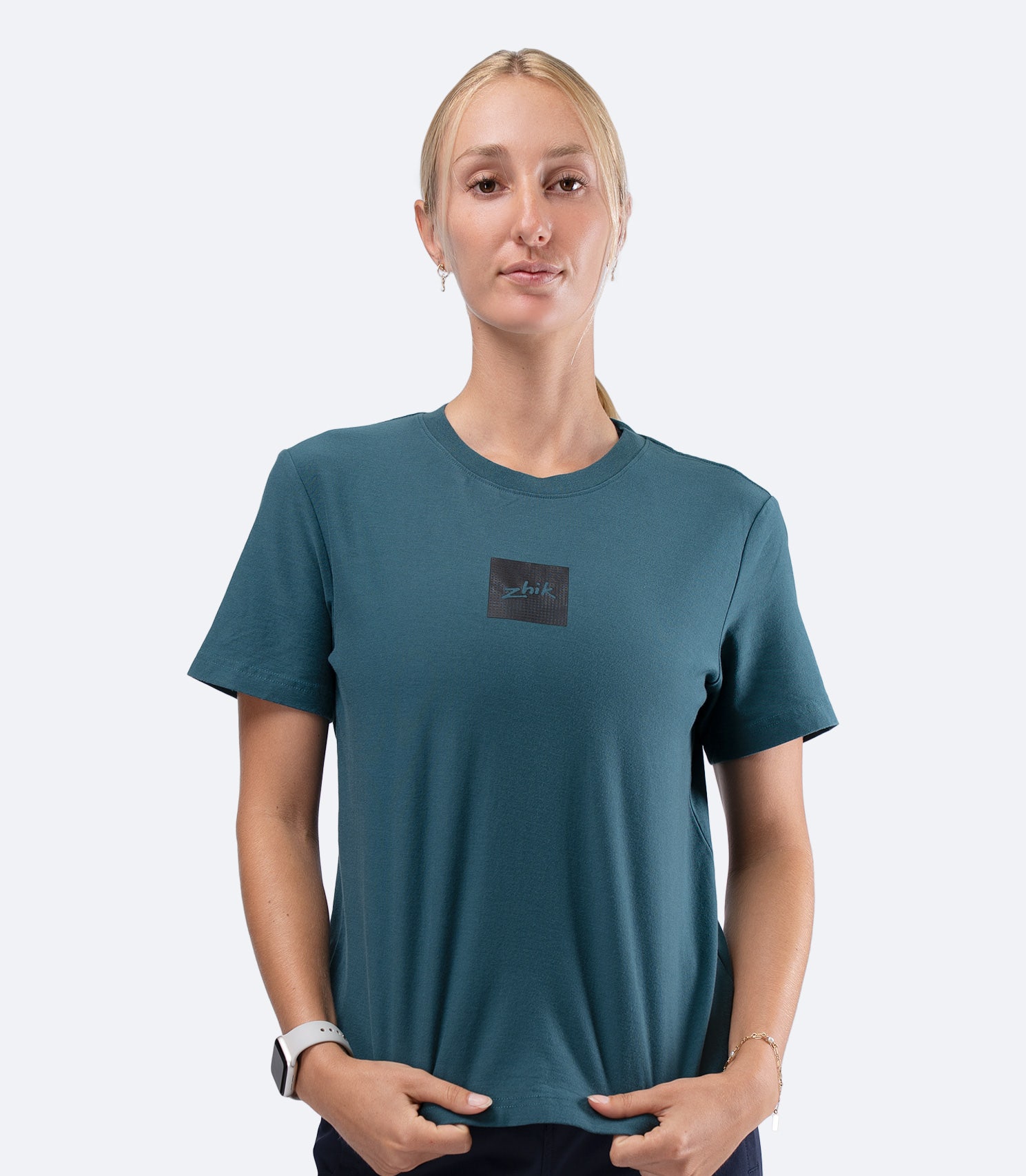 Zhik Womens Carbon T-Shirt in Deep Teal, front product view showing crew neck and natural regular fit