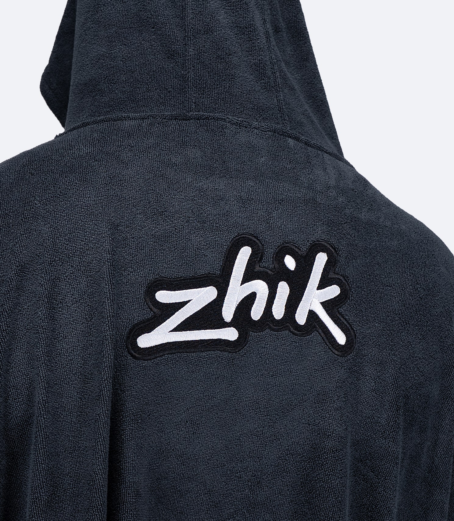 Back view of Dark Blue Zhik Hooded Towel with hood up, showing large embroidered Zhik logo and generous rear coverage.