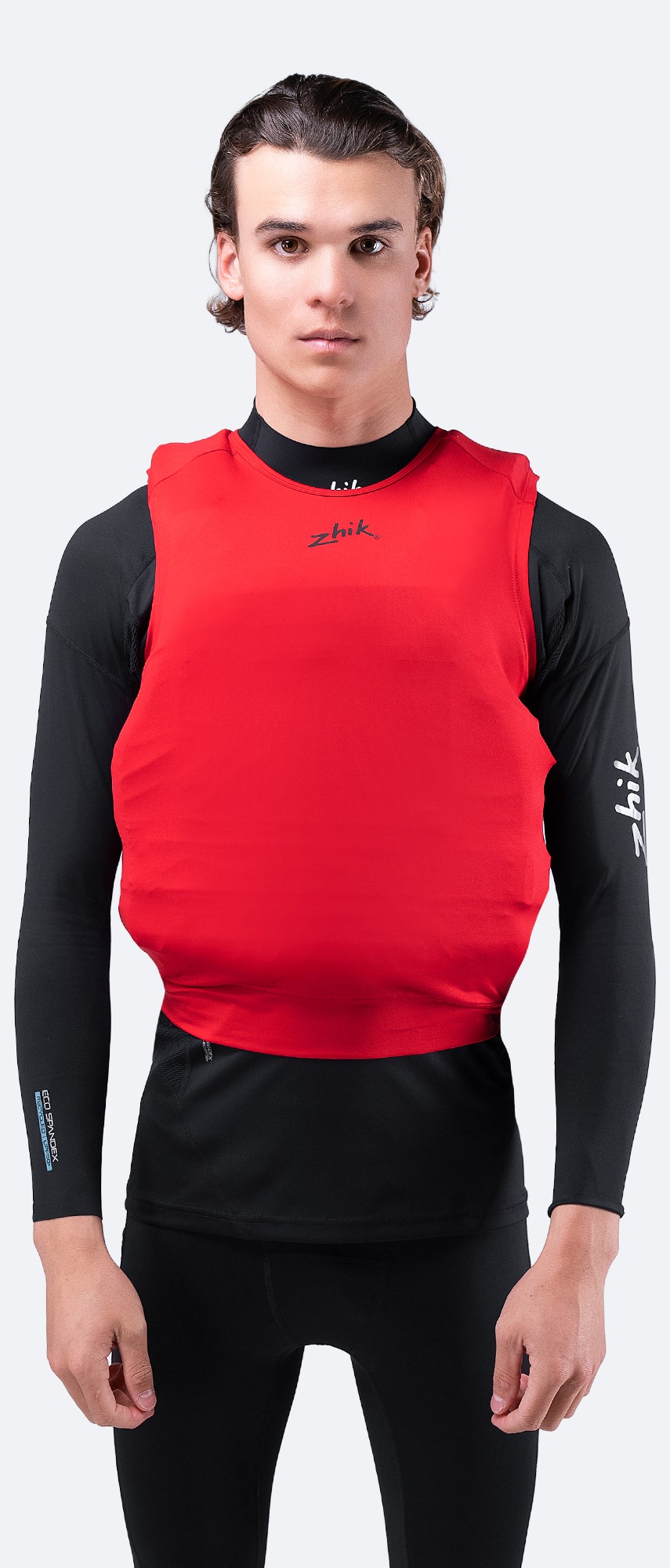 Red Zhik Spandex Event Pinnie featuring UPF50+ protection, ergonomic design, and easy customization for event branding.