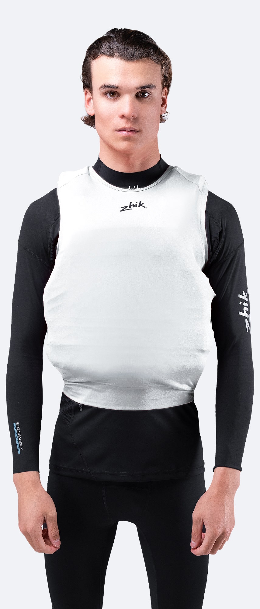 White Zhik Spandex Event Pinnie with 240GSM fabric, flatlock seam construction, and high-stretch elastane for durability.