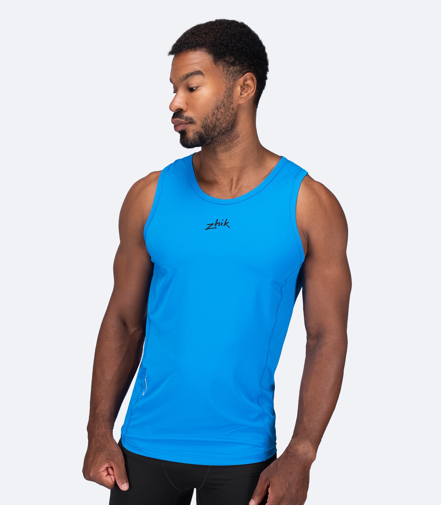 Zhik Men's Eco Spandex LT Race Singlet in Cyan, front view with relaxed fit and ultra-light recycled stretch fabric.